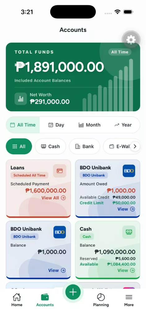WorthBook accounts screen showing cash, bank, credit, and loan balances