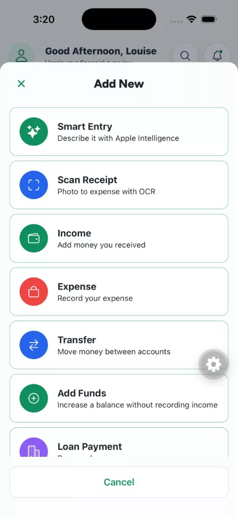 WorthBook Add New menu with Smart Entry, receipt scanning, income, expenses, transfers, and funds