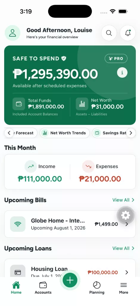 WorthBook dashboard showing Safe To Spend, total funds, net worth, income, expenses, bills, and loans