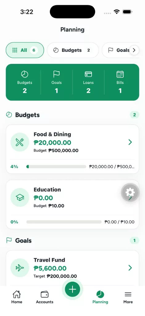 WorthBook planning screen with budgets, goals, loans, and bills