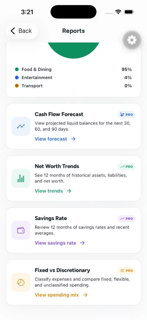 WorthBook reports list with cash flow, net worth, savings rate, and spending mix tools